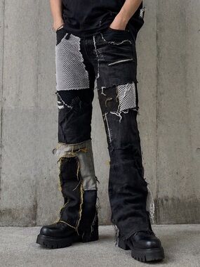 mnml Patchwork Distressed Jeans Black Mesh Panel Raw Hem Streetwear Mens Size 28